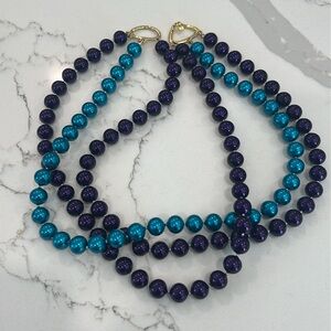 Vintage Three String Beaded Necklace with Shiny Turquoise Blue and Purple Beads